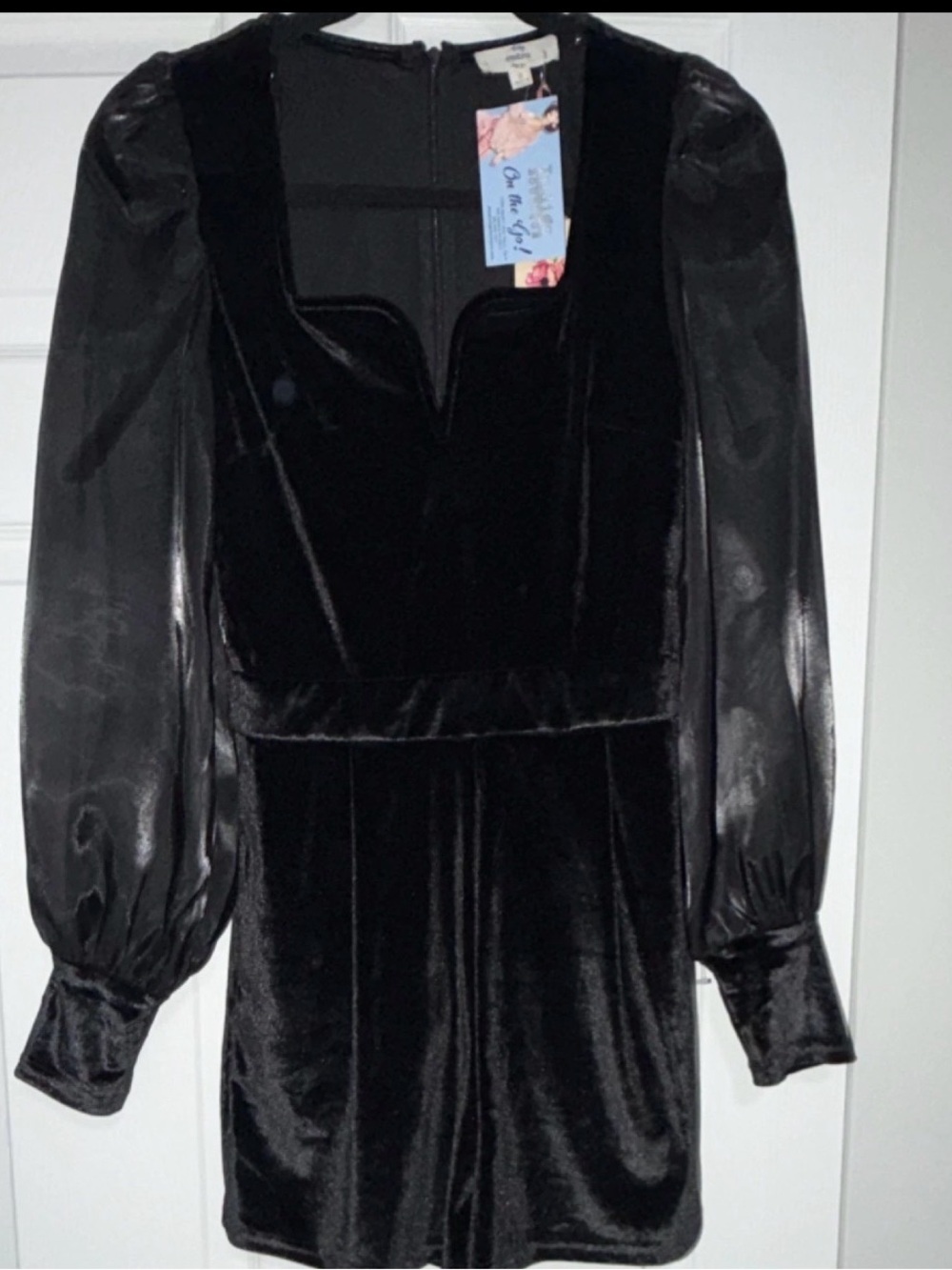 entro Black Velvet Mini Dress with Sheer Long Puff Sleeves